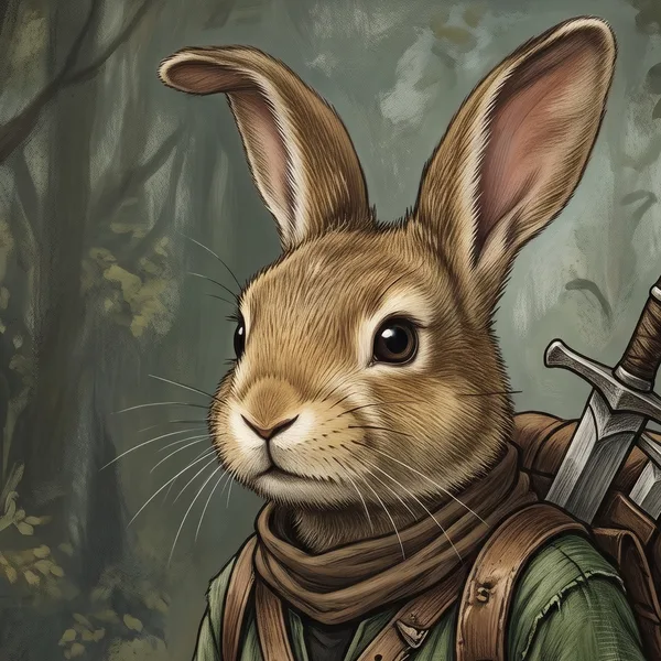 Alister, a young rabbit in a green tunic and scarf, a sword hilt over his shoulder.