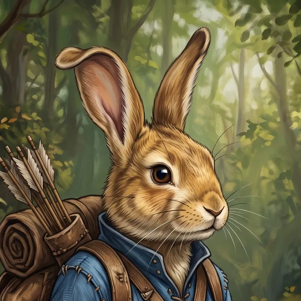 Alora, a young rabbit in a blue tunic with a quiver of arrows on her pack.
