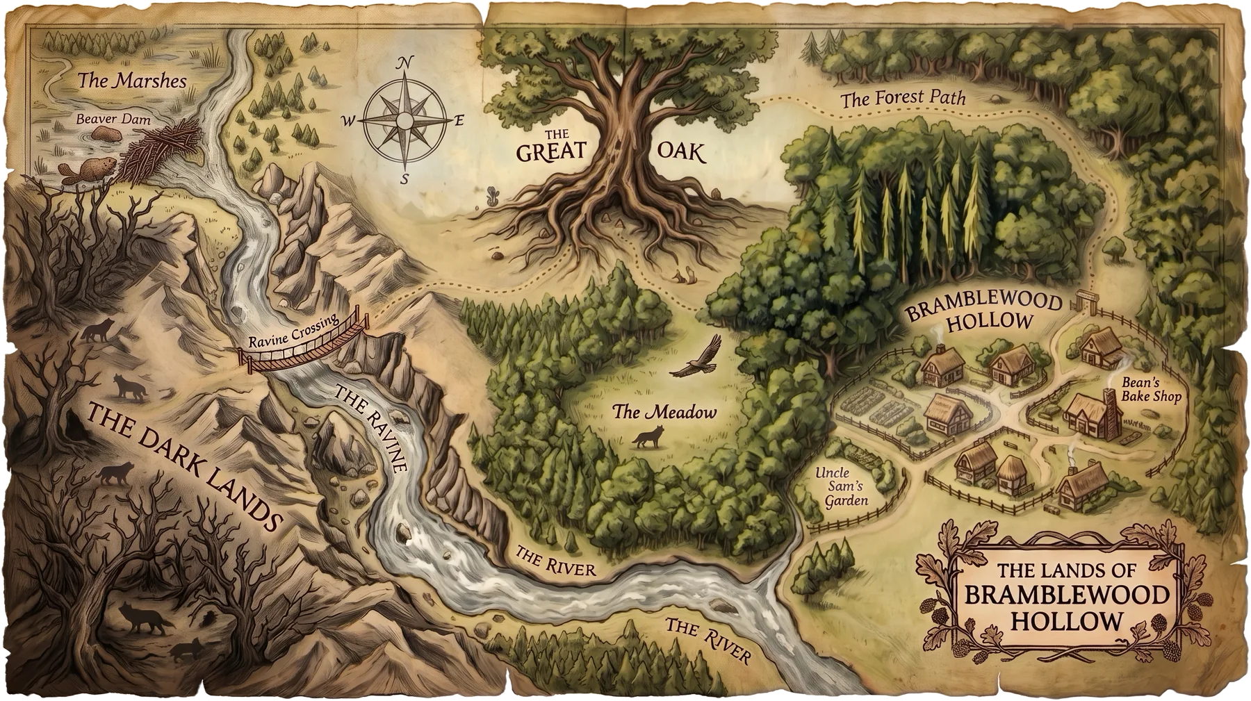 Hand-drawn parchment map of the Lands of Bramblewood Hollow: the village with Bean’s Bake Shop and Uncle Sam’s Garden in the east, the Forest Path and the Great Oak to the north, the Meadow in the middle, and in the west the River, the Ravine with its rope-bridge crossing, the Marshes with a beaver dam, and wolves prowling the Dark Lands.
