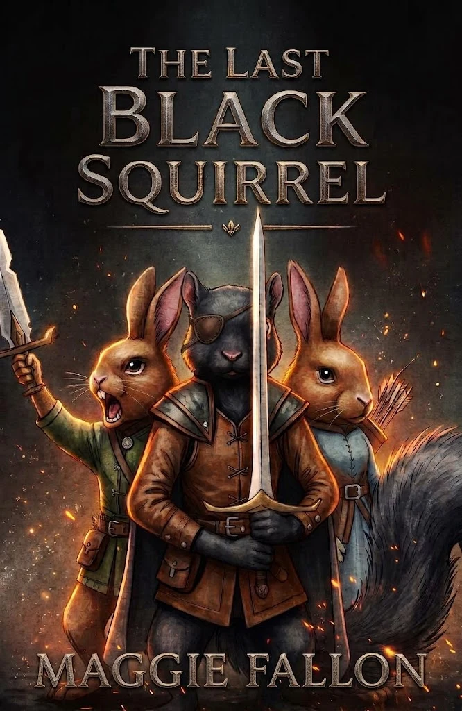 Cover of The Last Black Squirrel by Maggie Fallon: a black squirrel with an eyepatch and a leather jerkin holds a sword upright, flanked by two rabbits, one with a dagger raised and one with a quiver of arrows, as embers drift through smoke.