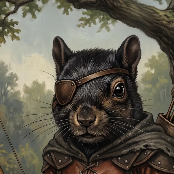 Shadow, the last black squirrel, with a leather eyepatch and his bow.