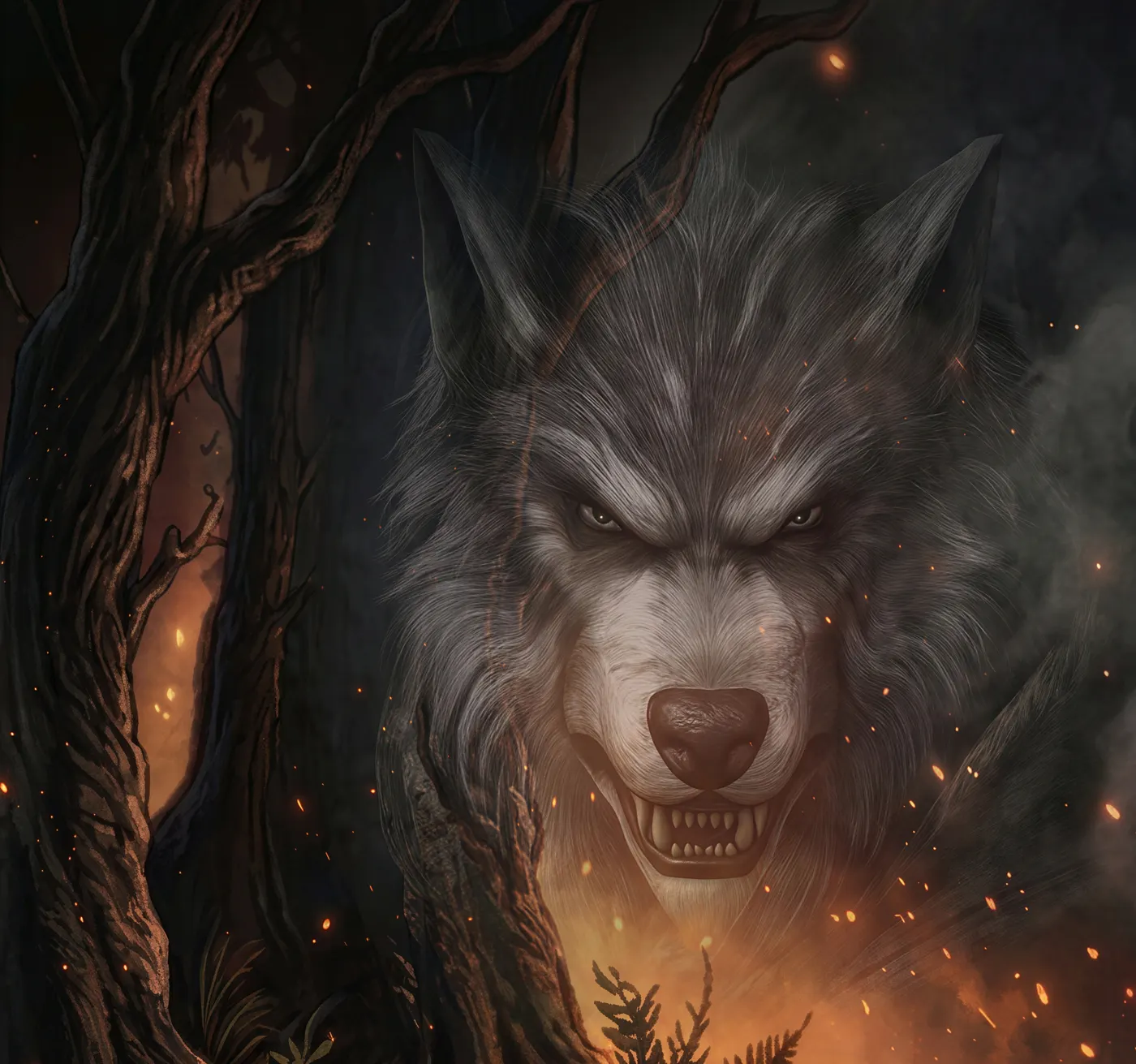 A great grey wolf snarls from the dark between burning trees.