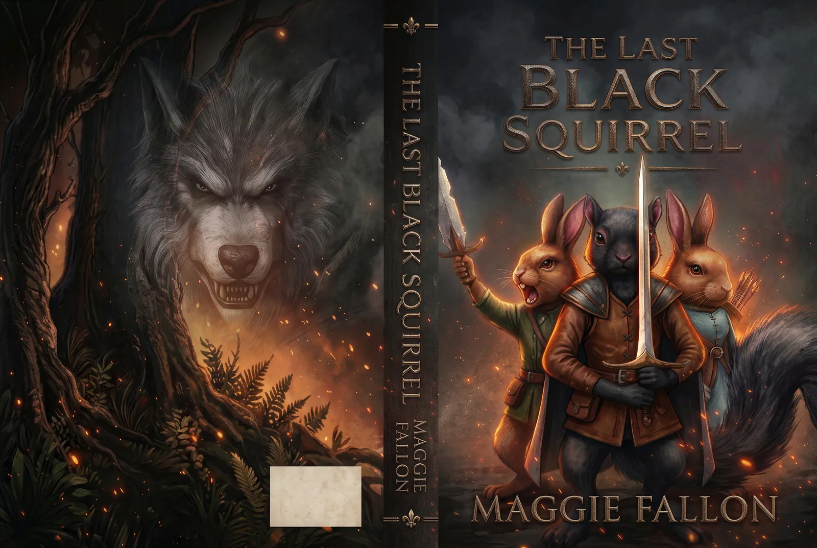 The full cover of The Last Black Squirrel: the wolf on the back, the title on the spine, Shadow and the two rabbits on the front.